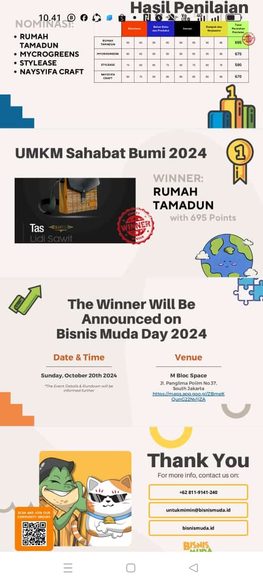 CV Rumah Tamadun yang Jadi Mitra BPDPKS Raih Penghargaan Bergengsi UMKM Sahabat Bumi dari Bisnis Muda Award 2024