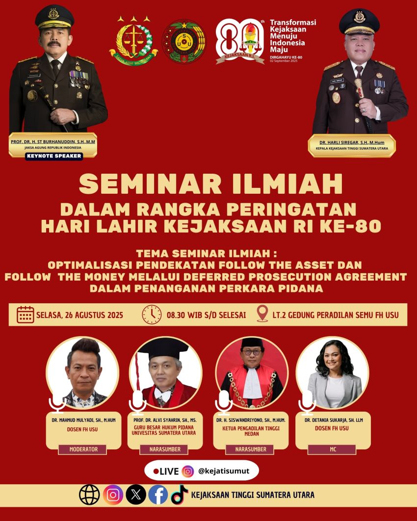 Peringati Harla Ke-80, Kejati Sumut dan FH USU Gelar Seminar Ilmiah, Hadirkan Jaksa Agung ST Burhanuddin