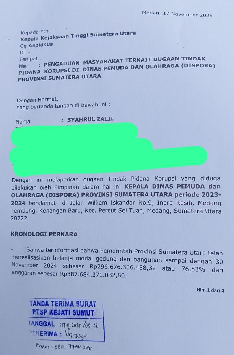 Mantan Kadispora Sumut Dilaporkan Ke Kejatisu Atas Dugaan Korupsi Sarana PON Tahun 2024