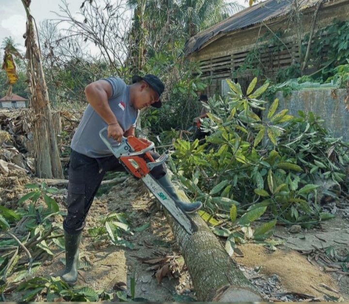 Brimob Poldasu Tebang Pohon Mati di Batang Toru Tapsel Hindari Menimpa Rumah Warga