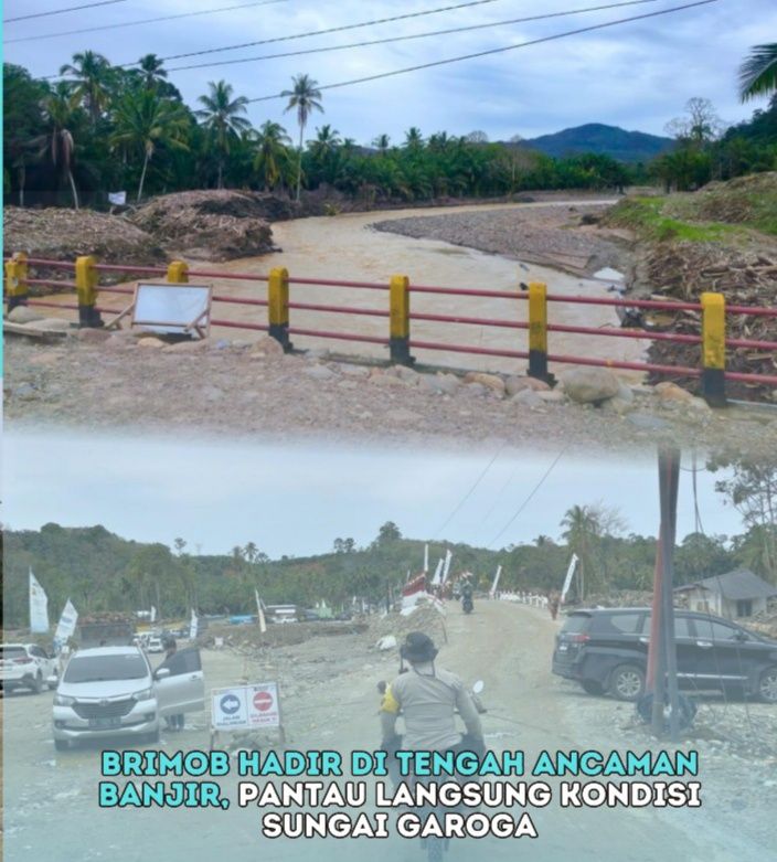 Brimob Poldasu Pantau Kondisi Banjir Susulan di Garoga Tapsel