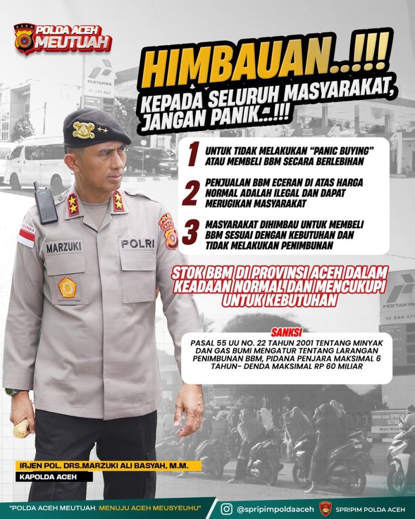 Kapolda Aceh Imbau Masyarakat Tidak Panik, Stok BBM Dipastikan Aman, Distribusi Berjalan Normal