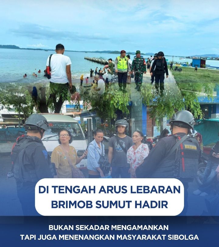 Rayakan Lebaran Idul Fitri 1447 H/2026 M Brimob Poldasu PAM di Terminal Bus Kota Sibolga Dan Pelabuhan Laut Sibolga