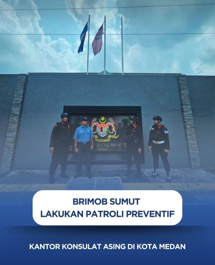 Brimob Sumut Lakukan Patroli Preventif di Kantor Konsulat Asing di Kota Medan