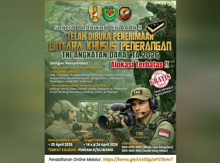 Tentara Nasional Indonesia Angkatan Darat (TNI AD) Resmi Membuka Penerimaan Bintara Khusus Penerangan Tahun Anggaran 2026