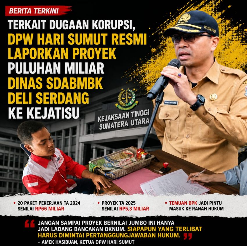 DPW HARI SUMUT Resmi Laporkan Puluhan Miliar Proyek di Dinas SDABMBK Deli Serdang ke Kejatisu