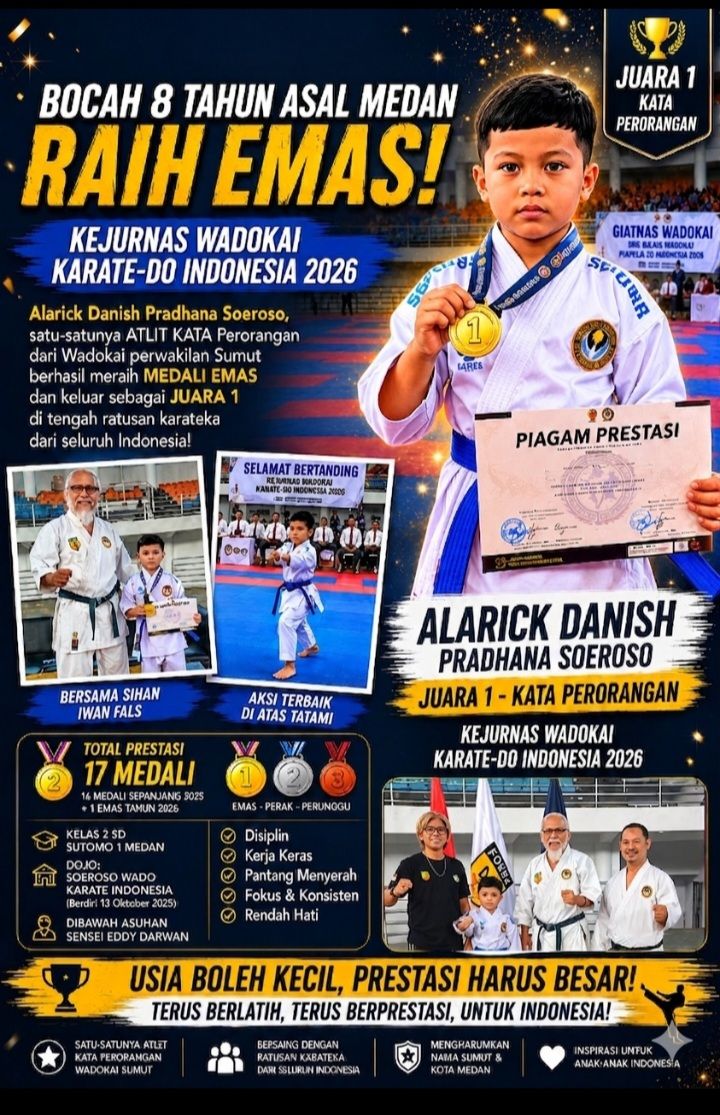 Bikin Bangga ! Alarick Danish, Atlit Cilik Asal Kota Medan Raih Medali Emas di Kejurnas Wadokai Karate-Do Indonesia 2026