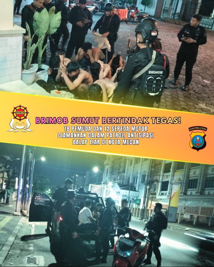 18 Pelaku Balap Liar diamankan Brimob Poldasu Bersama 12 Sepeda Motor