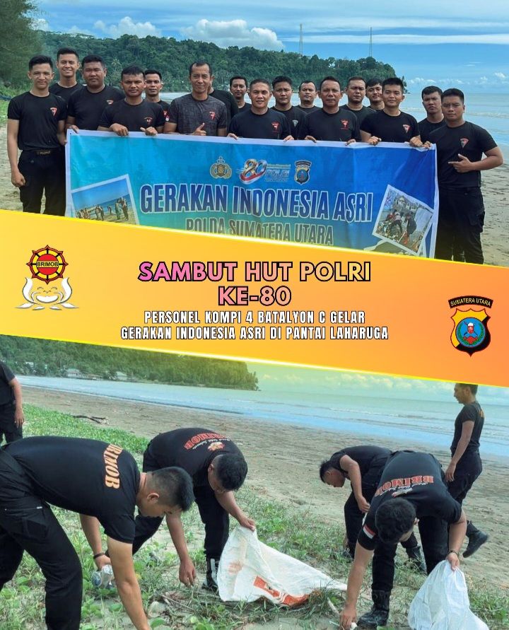 Sambut HUT Polri ke-80, Personil Kompi 4 Batalyon C Brimob Poldasu Bersihkan Pantai Laharagu Nias Selatan