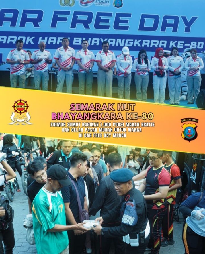 1000 Porsi Makan Gratisdan lainnya diberikan Brimob Poldasu Dalam Rangka Semarak HUT ke 80 Tahun Bhayangkara di Medan