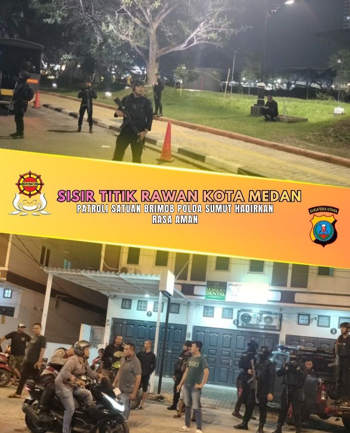 Brimob Poldasu Patroli Kawasan Rawan Kejahatan Jalanan di Medan