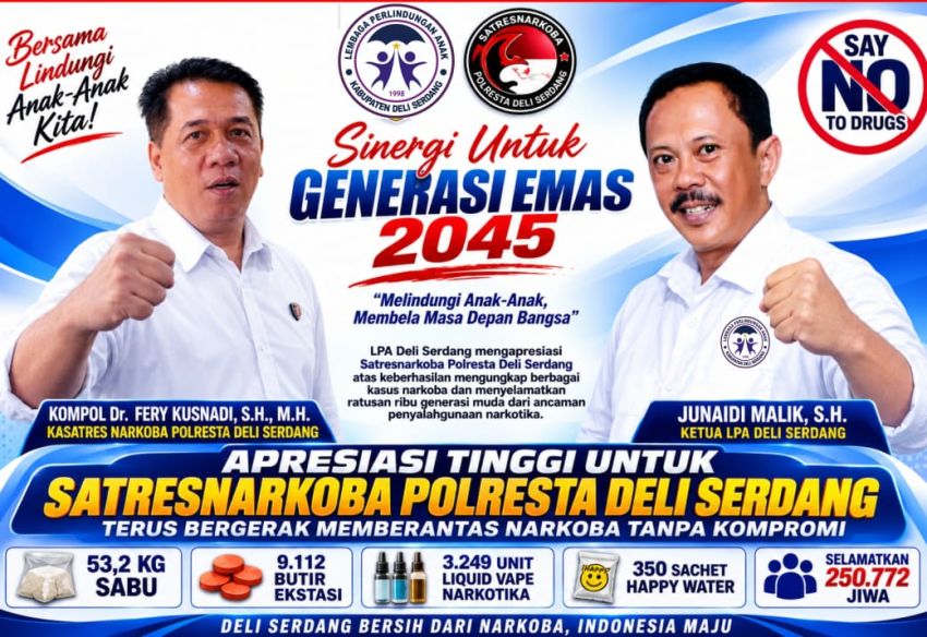 LPA Deli Serdang Apresiasi Satresnarkoba Polresta Deli Serdang &ndash; Ungkap Kasus Narkoba Besar, Selamatkan 250 Ribu Jiwa
