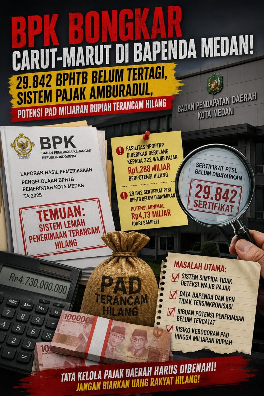 BPK Bongkar Carut-Marut di Bapenda Medan, 29.842 BPHTB Belum Tertangih, Sistem Pajak Amburadul, Potensi PAD Miliaran Rupiah Terancam Hilang