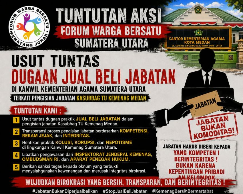 Dugaan Jual Beli Jabatan Kasubbag TU Kemenag Medan Disorot, Forum Warga Bersatu Desak Klarifikasi dan Pemeriksaan