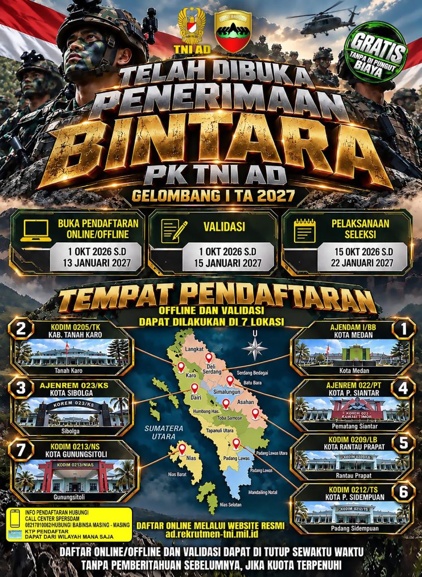 Cek Jadwalnya! Penerimaan Bintara PK TNI AD Gelombang I TA 2027 Dibuka, Gratis dan Bisa Daftar Pakai KTP Mana Saja