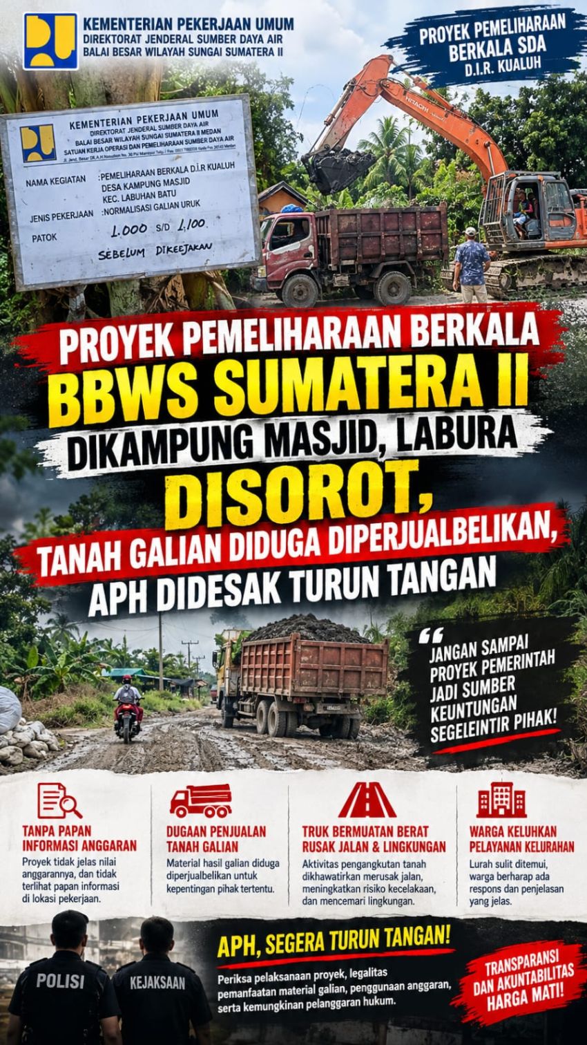 Proyek Pemeliharaan Berkala BBWS Sumatera II Dikampung Masjid, Labura Disorot, Tanah Galian Diduga Diperjualbelikan, APH Didesak Turun Tangan