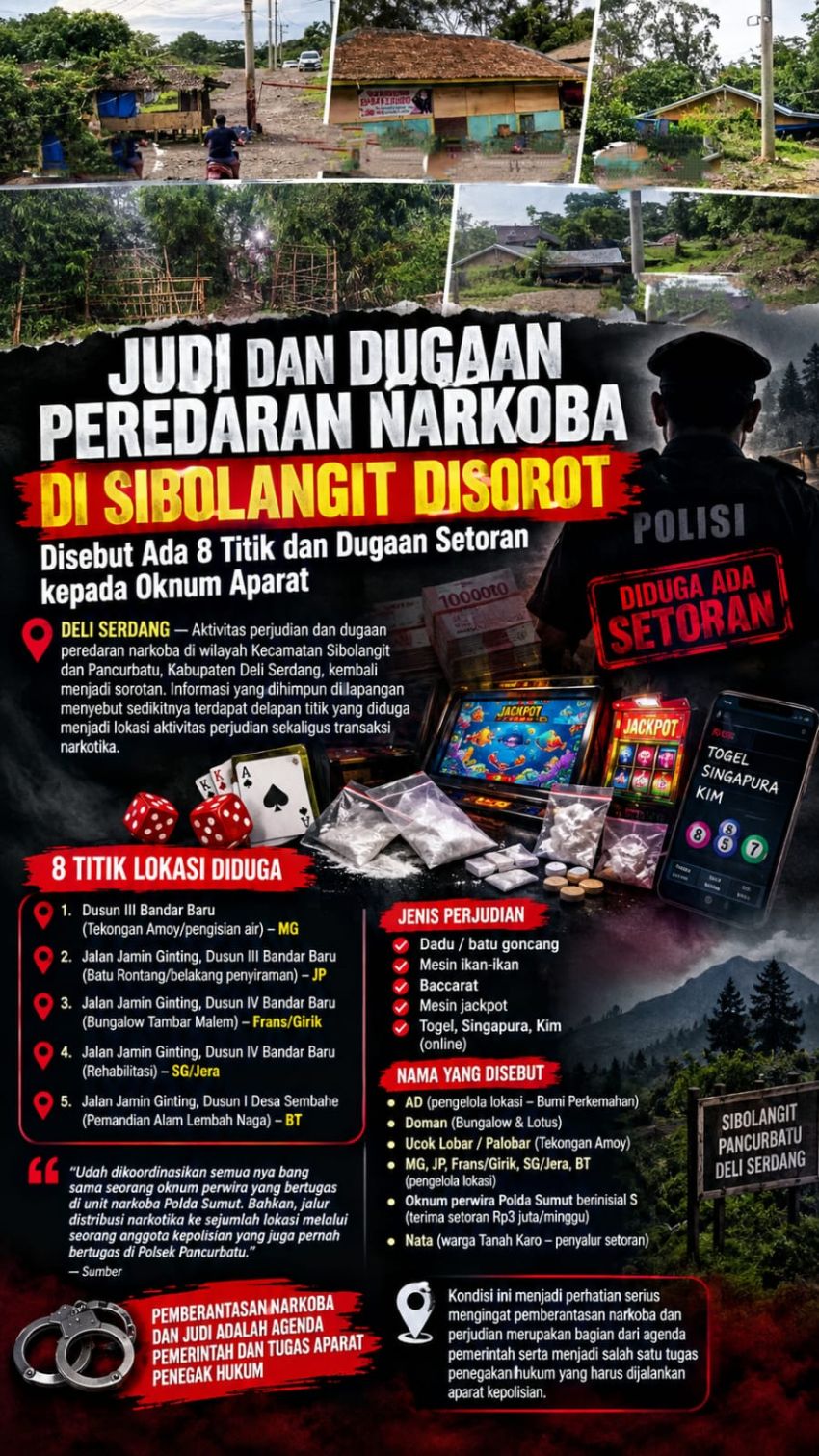 Judi dan Dugaan Peredaran Narkoba di Sibolangit Disorot, Disebut Ada 8 Titik dan Dugaan Setoran kepada Oknum Aparat